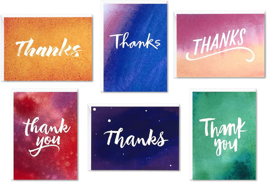 Hallmark Thank You Cards Assortment, Watercolor Thanks featuring six colourful designs in varying watercolour styles.