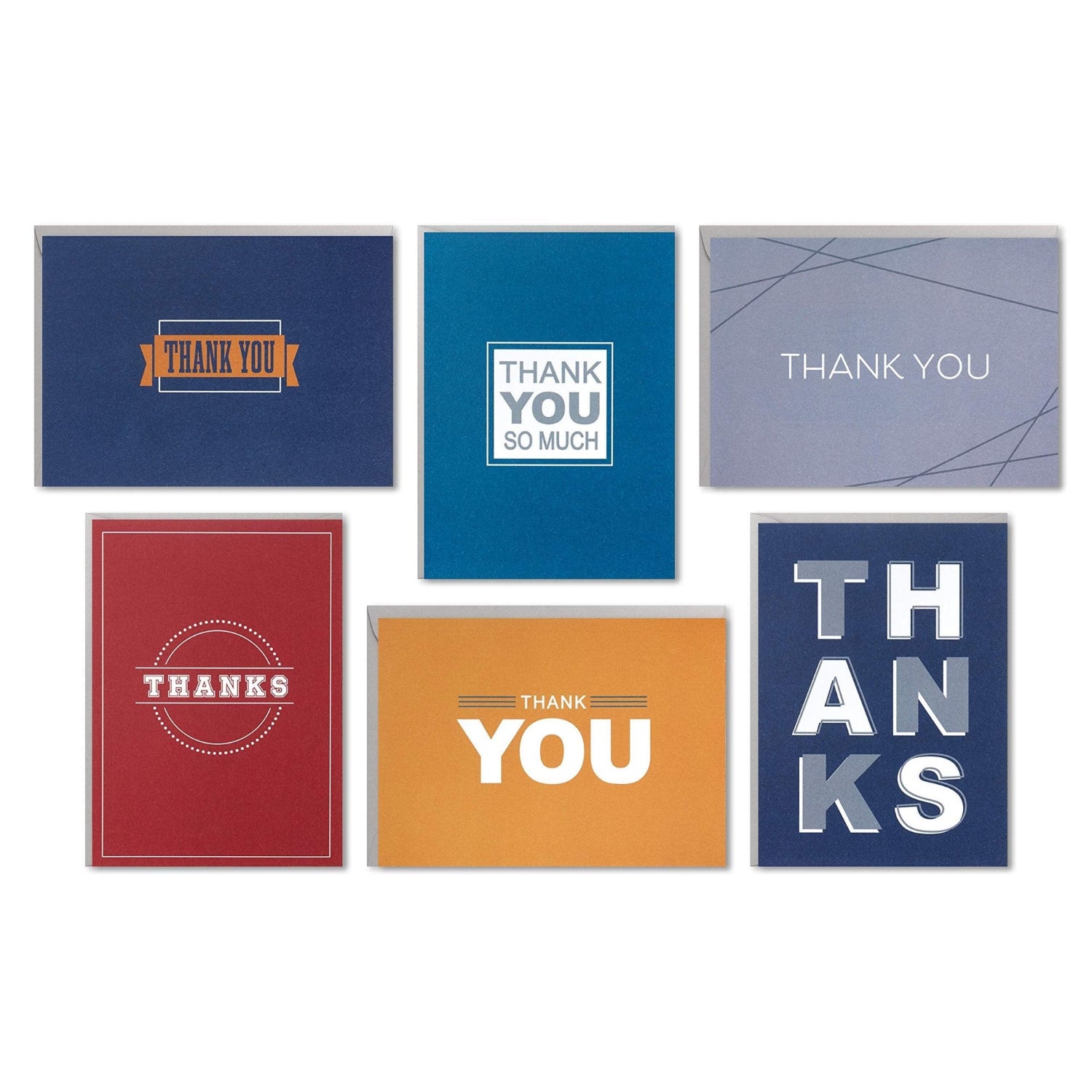 Hallmark Thank You Cards Assortment, Bold Type with six unique designs featuring bold lettering on colourful backgrounds, flat lay arrangement.