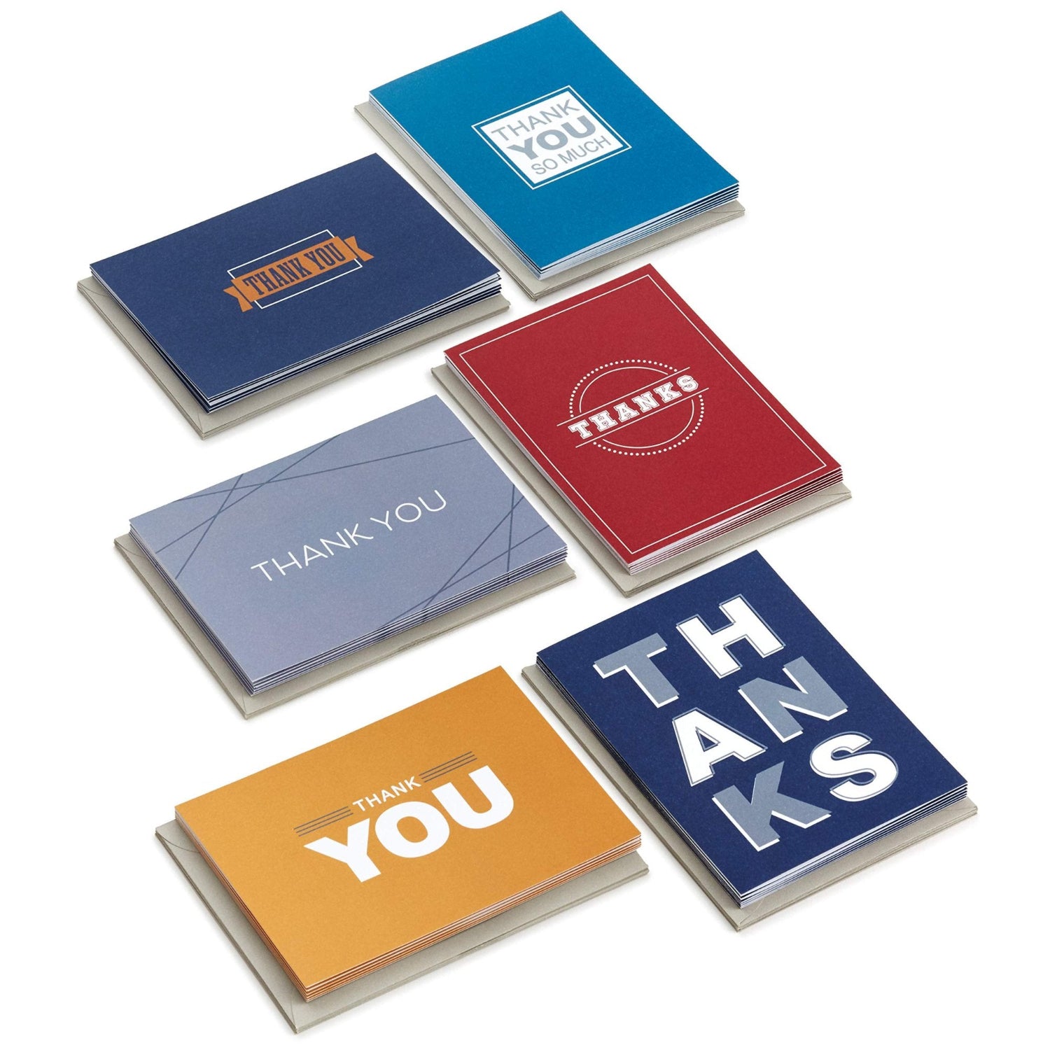 Hallmark Thank You Cards Assortment, Bold Type, featuring six assorted designs in bold colours, stacked for display.