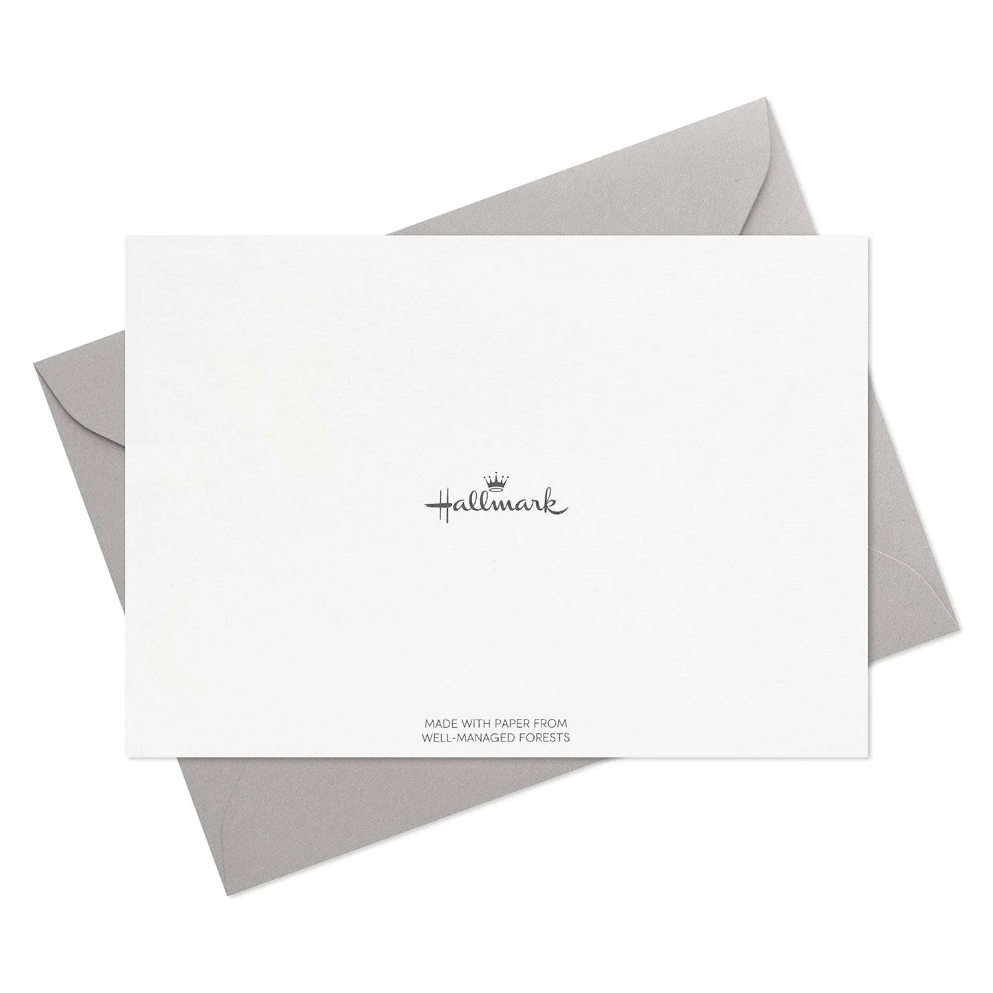 Hallmark Thank You Cards Assortment, Bold Type, flat lay of a white card and grey envelope, showcasing eco-friendly paper details.