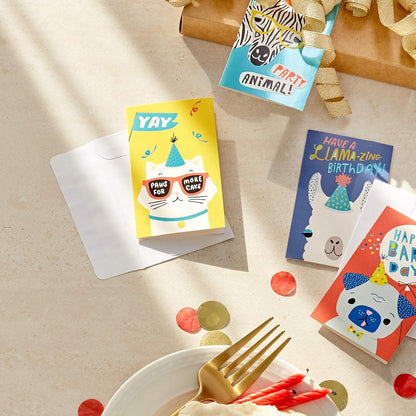 Hallmark Pack of 12 Assorted Mini Birthday Cards, 2.25" x 3.5" Cards with Envelopes (Llamas, Zebras, Dogs, Cats)