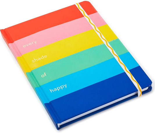 Hallmark Crayola Hardcover Journal, Rainbow (196 Pages) with striped cover and gold foil lettering, angled view showcasing vibrant colours