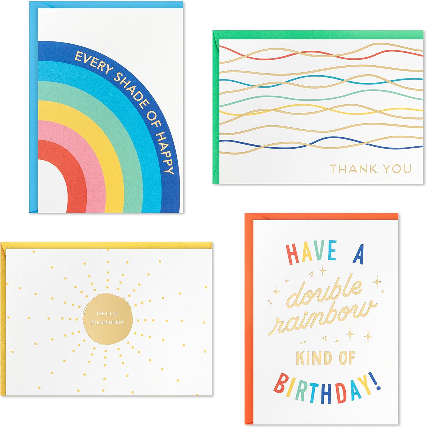 Hallmark All Occasion Crayola Greeting Cards Assortment (Pack of 20) Birthday, Thank You, Blank in a colourful display featuring four unique designs and foil accents.