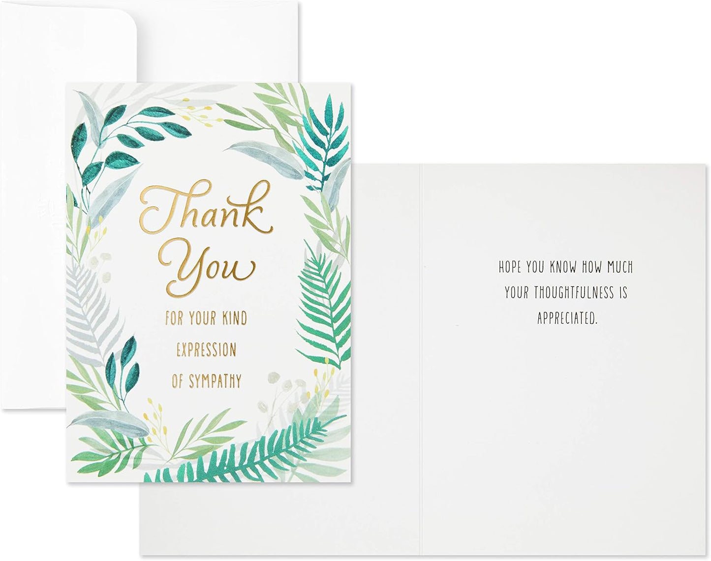 Hallmark Pack of 20 Thank You for Your Sympathy Cards, Gold Foil Greenery (Funeral Thank You Cards)