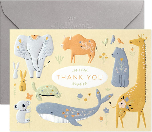 Hallmark Baby Shower Thank You Cards, Painted Animals (20 Cards with Envelopes for Baby Boy or Baby Girl) Elephant, Koala, Giraffe, Whale, Turtle