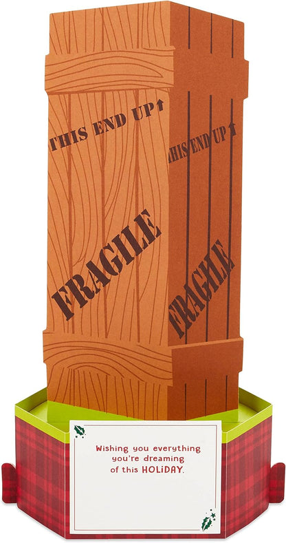 Hallmark Paper Wonder Displayable Pop Up Christmas Card (A Christmas Story Leg Lamp) featuring a 3D fragile crate design with festive messages.