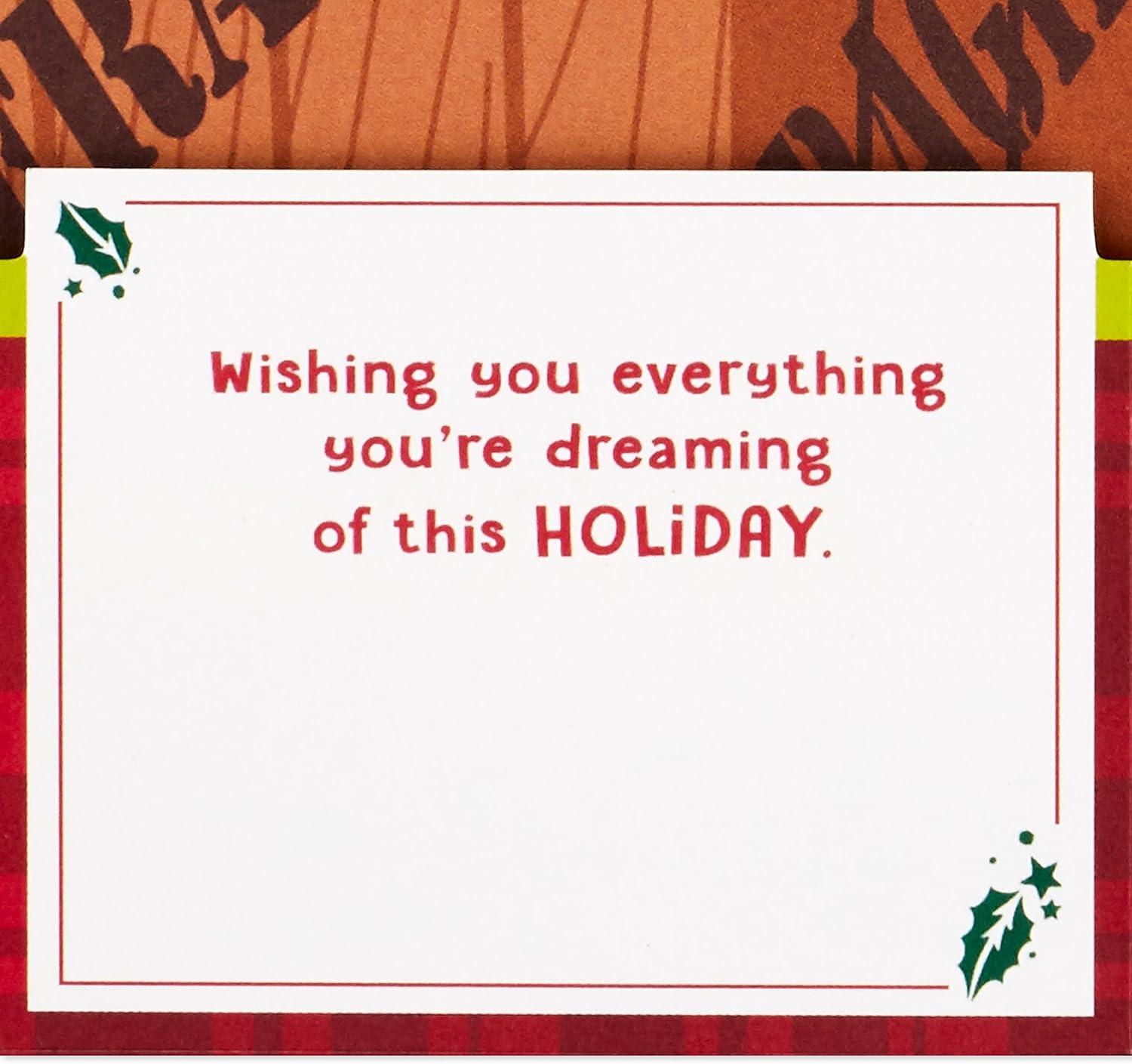 Hallmark Paper Wonder Displayable Pop Up Christmas Card (A Christmas Story Leg Lamp) inner message detail featuring holiday greeting and holly design