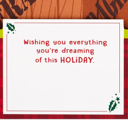 Hallmark Paper Wonder Displayable Pop Up Christmas Card (A Christmas Story Leg Lamp) inner message detail featuring holiday greeting and holly design