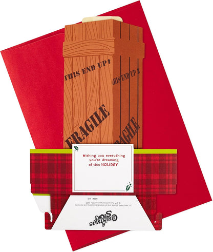 Hallmark Paper Wonder Displayable Pop Up Christmas Card (A Christmas Story Leg Lamp) featuring intricate packaging design and red envelope.
