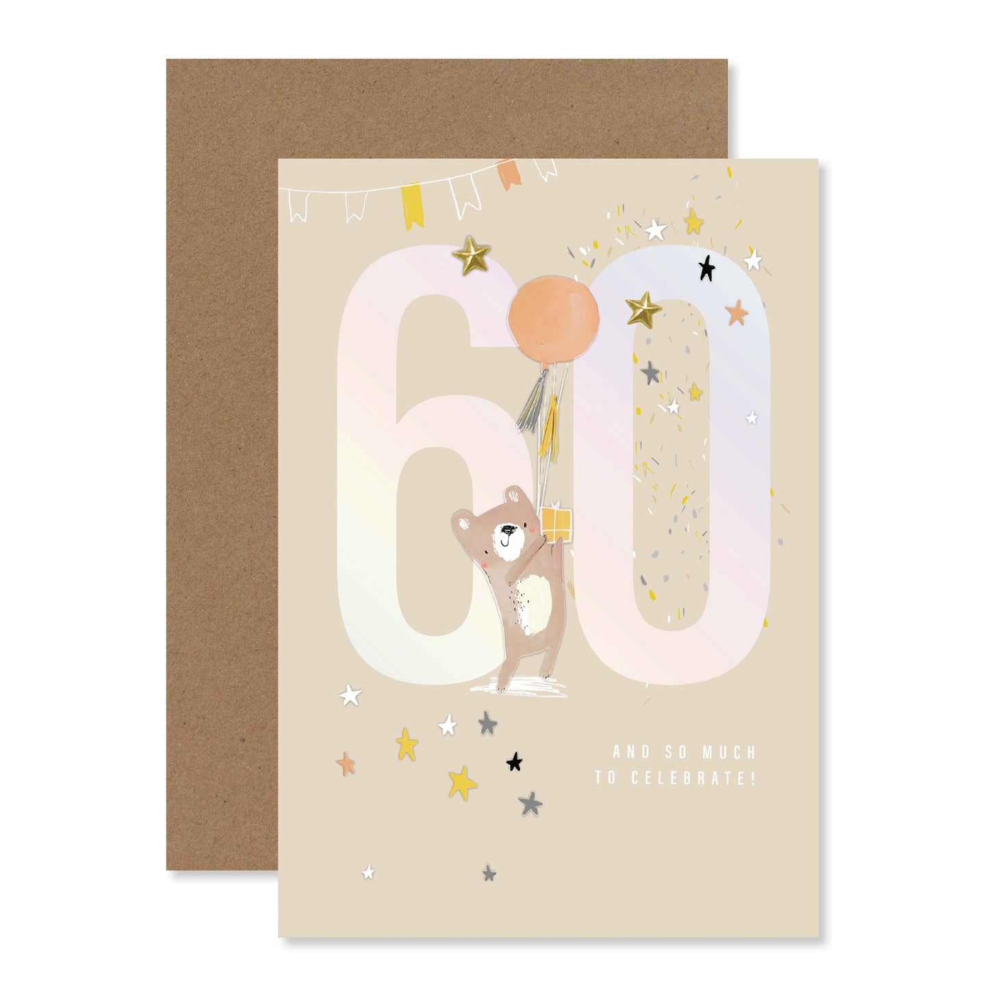 Connections from Hallmark 60th birthday card - 60 AND SO MUCH TO CELEBRATE! featuring a cute bear and colourful stars, flat lay view.