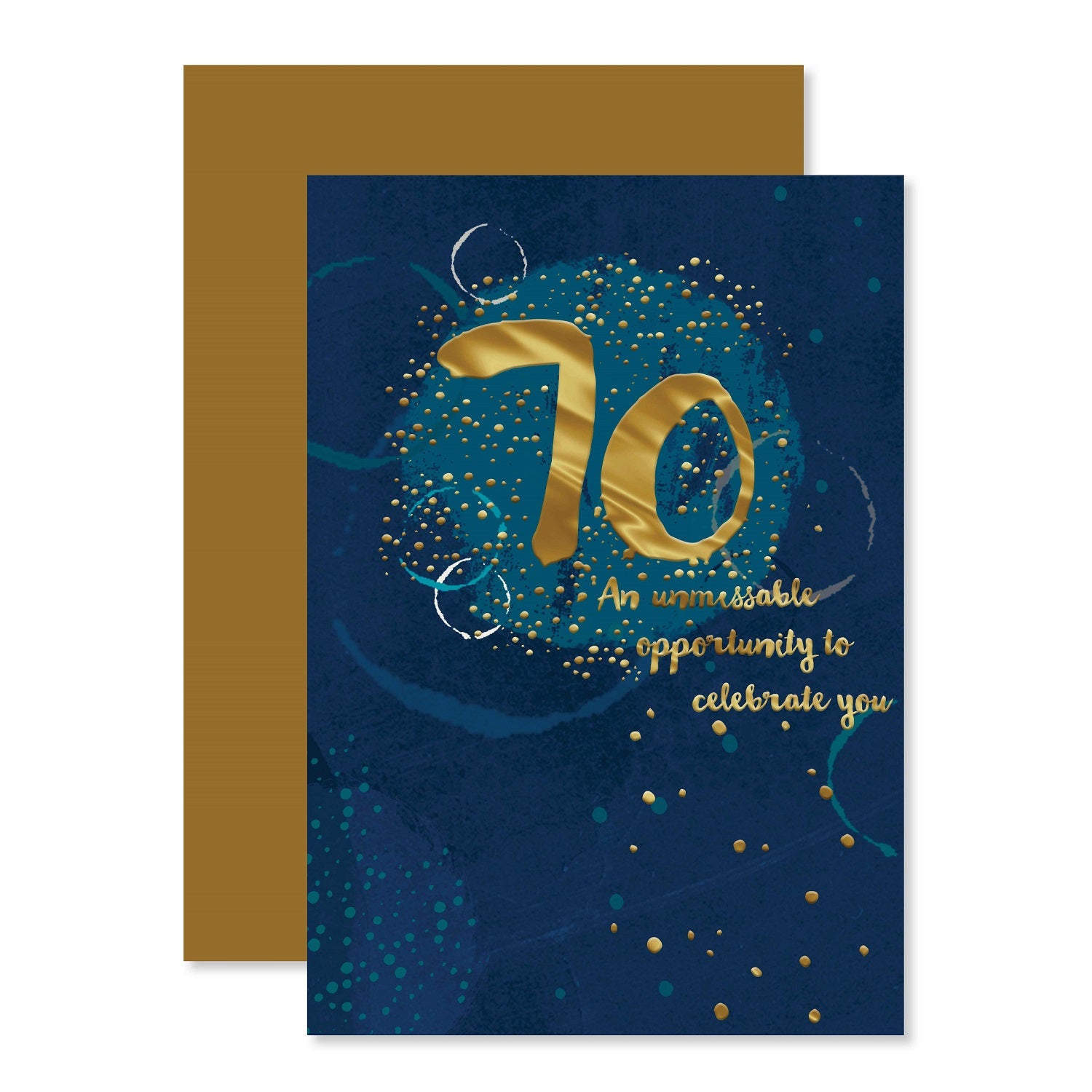 Connections from Hallmark 70th Birthday Card - 70 An unmissable opportunity to celebrate you, featuring gold foil details on a navy background, flat lay view.