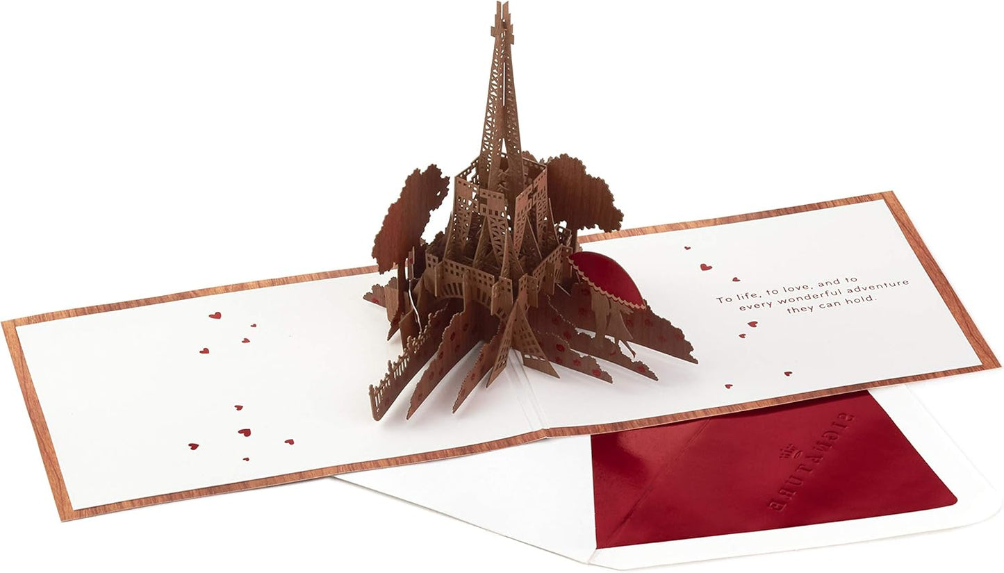 Hallmark Signature Paper Wonder Wood Pop Up Anniversary Card, romantic birthday card featuring an intricate Eiffel Tower pop-up and heartfelt message.