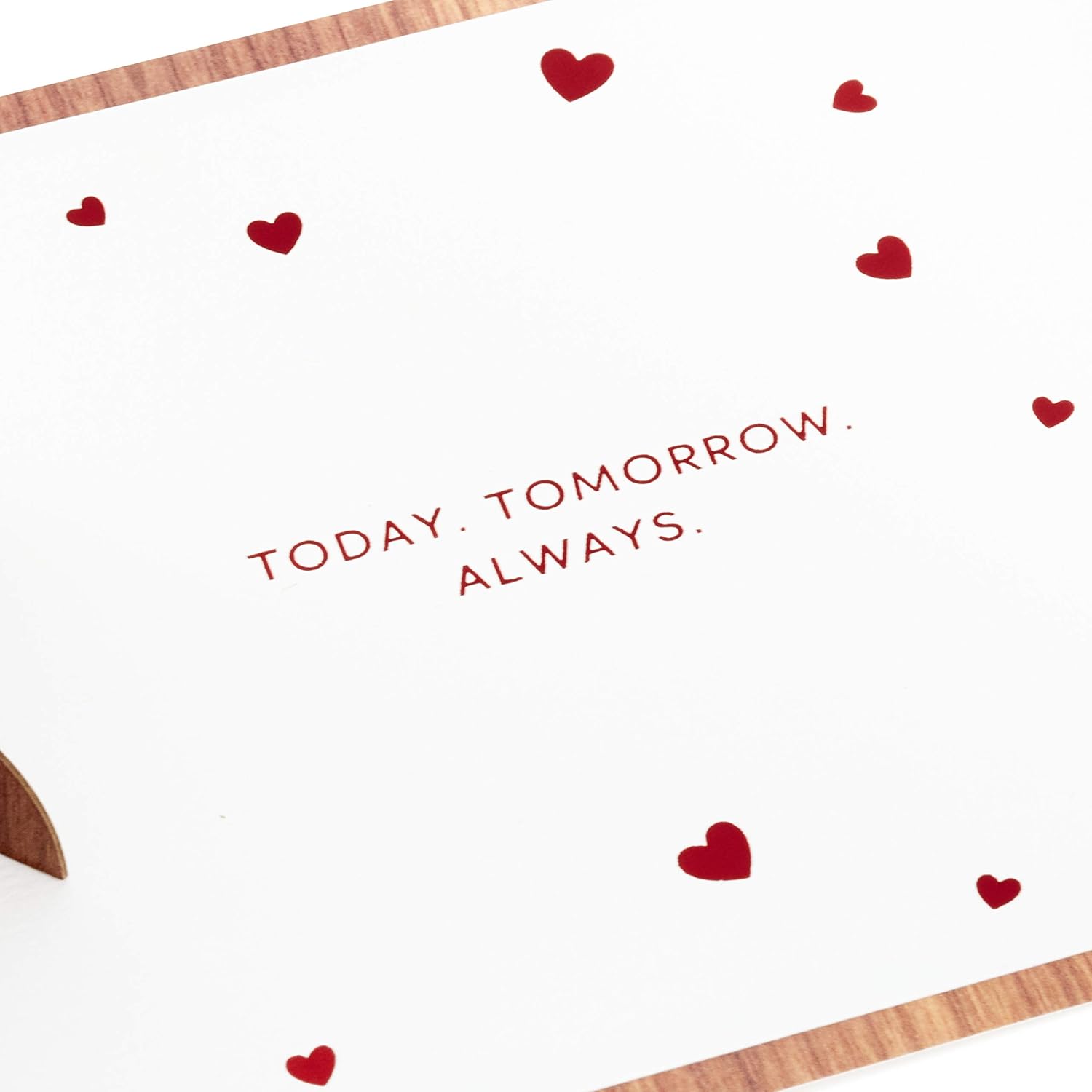 Hallmark Signature Paper Wonder Wood Pop Up Anniversary Card, romantic birthday card, inside view showcasing heartfelt message surrounded by red hearts.