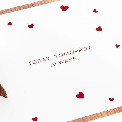 Hallmark Signature Paper Wonder Wood Pop Up Anniversary Card, romantic birthday card, inside view showcasing heartfelt message surrounded by red hearts.