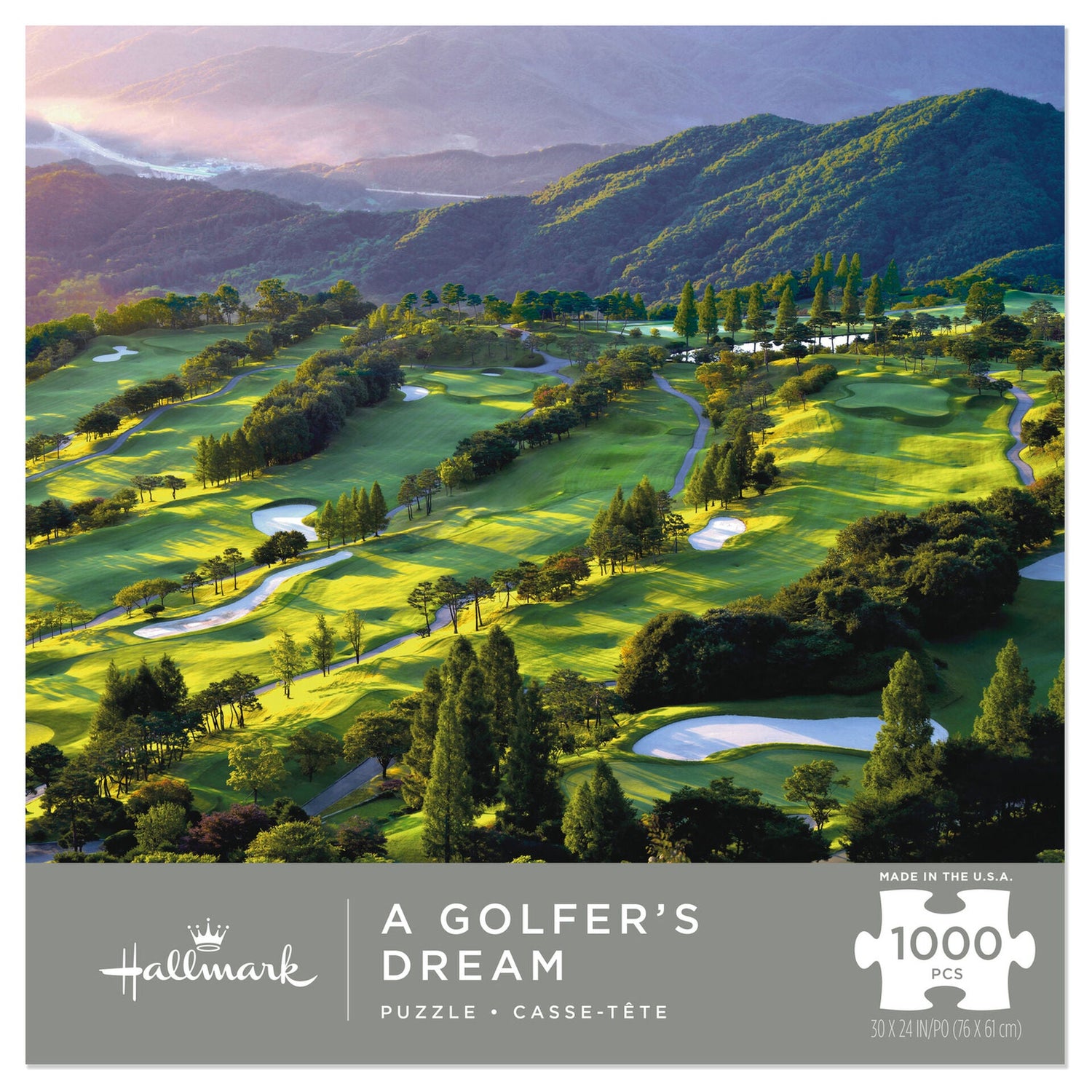 A Golfer's Dream, 1,000-piece jigsaw puzzle with a scenic golf course view featuring lush greenery and hills.