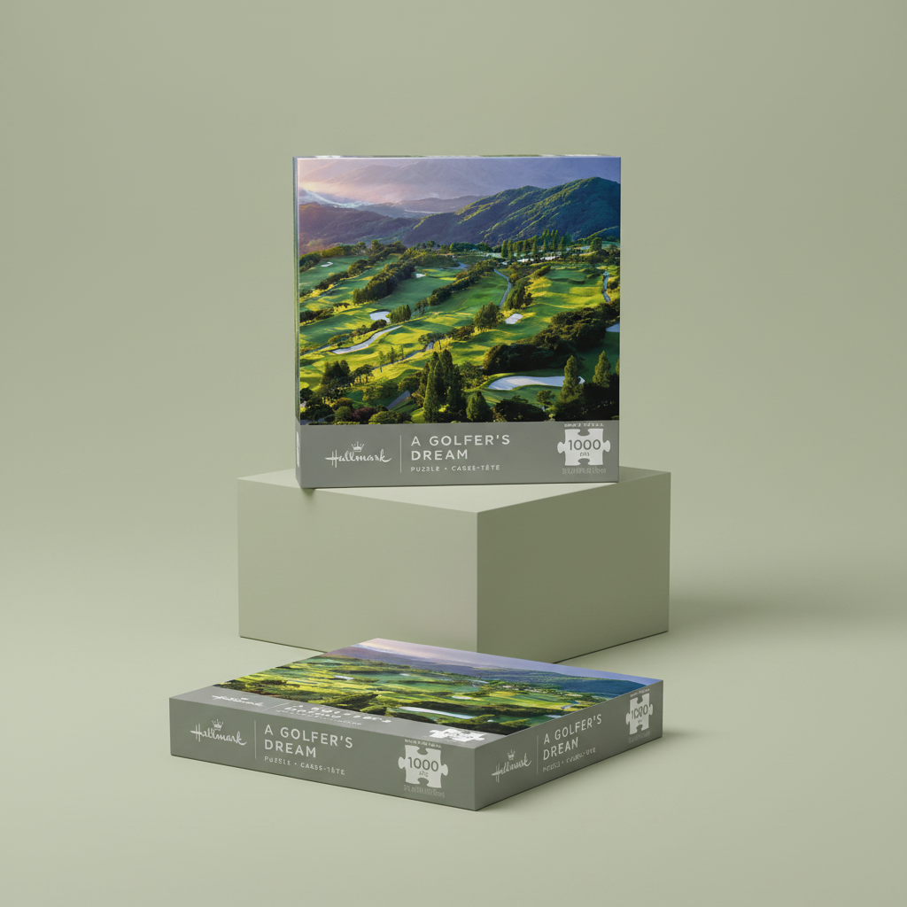 A Golfer's Dream, 1,000-Piece Jigsaw Puzzle packaging, showcasing a scenic golf course with vibrant greens and mountains.
