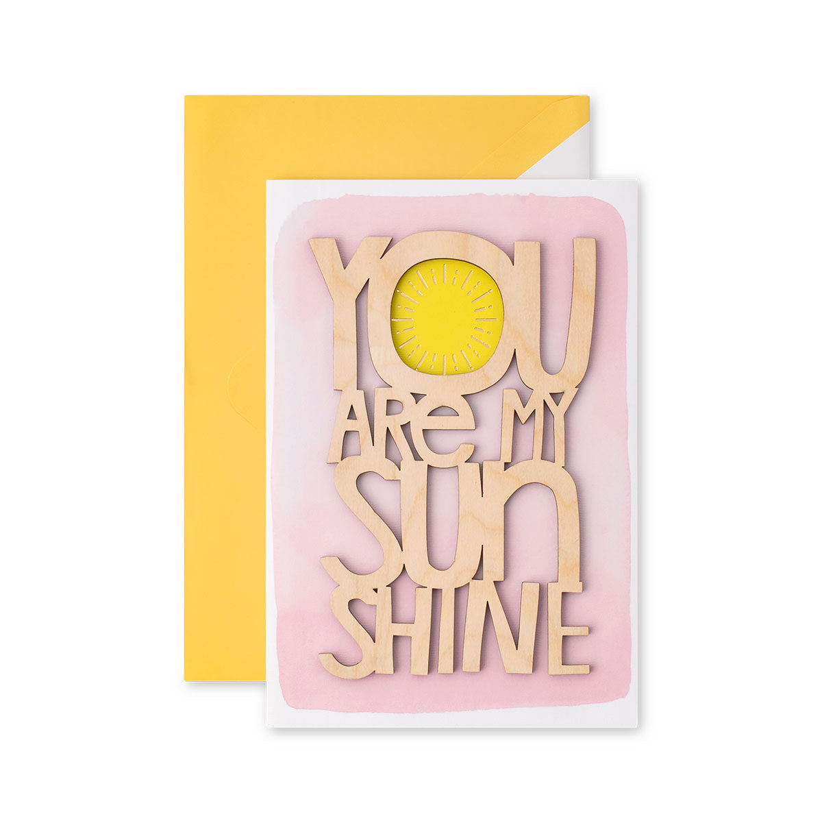 Hallmark Signature Mother's Day Card - You Are My Sunshine, featuring wooden lettering on a pink background with a yellow envelope.
