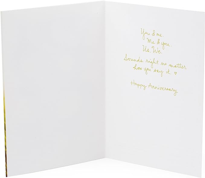 Hallmark Signature Anniversary Greeting Card (Wooden You & Me) open view showing gold lettering message and white interior details.