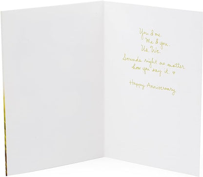 Hallmark Signature Anniversary Greeting Card (Wooden You & Me) open view showing gold lettering message and white interior details.