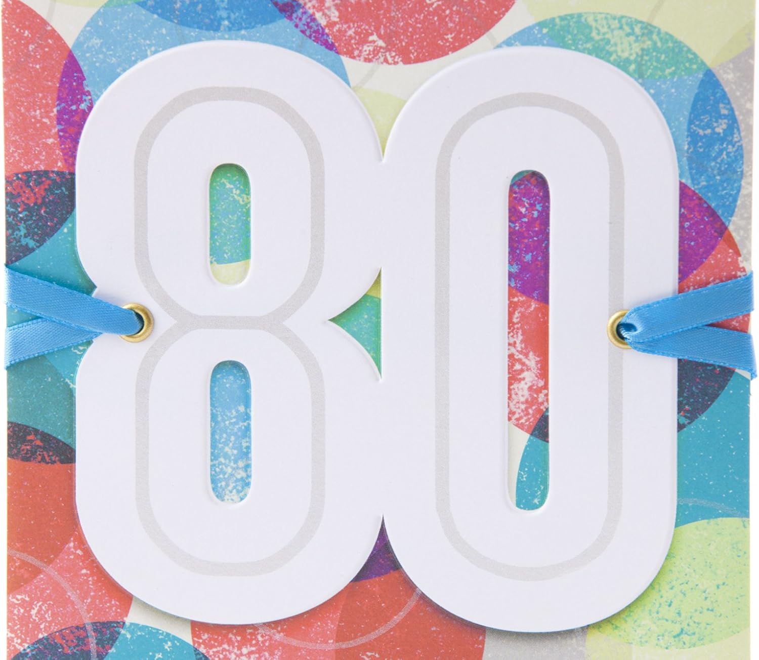Hallmark 80th Birthday Greeting Card (Color Orbs) featuring a prominent cut-out "80" with blue ribbon accents against a colourful orb background.
