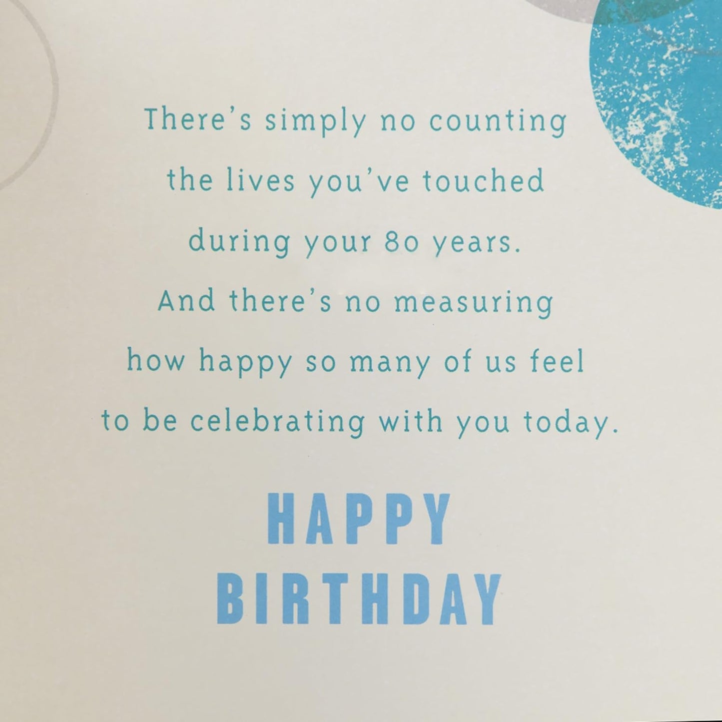 Hallmark 80th Birthday Greeting Card (Color Orbs) inside message in blue text, celebrating a milestone birthday.