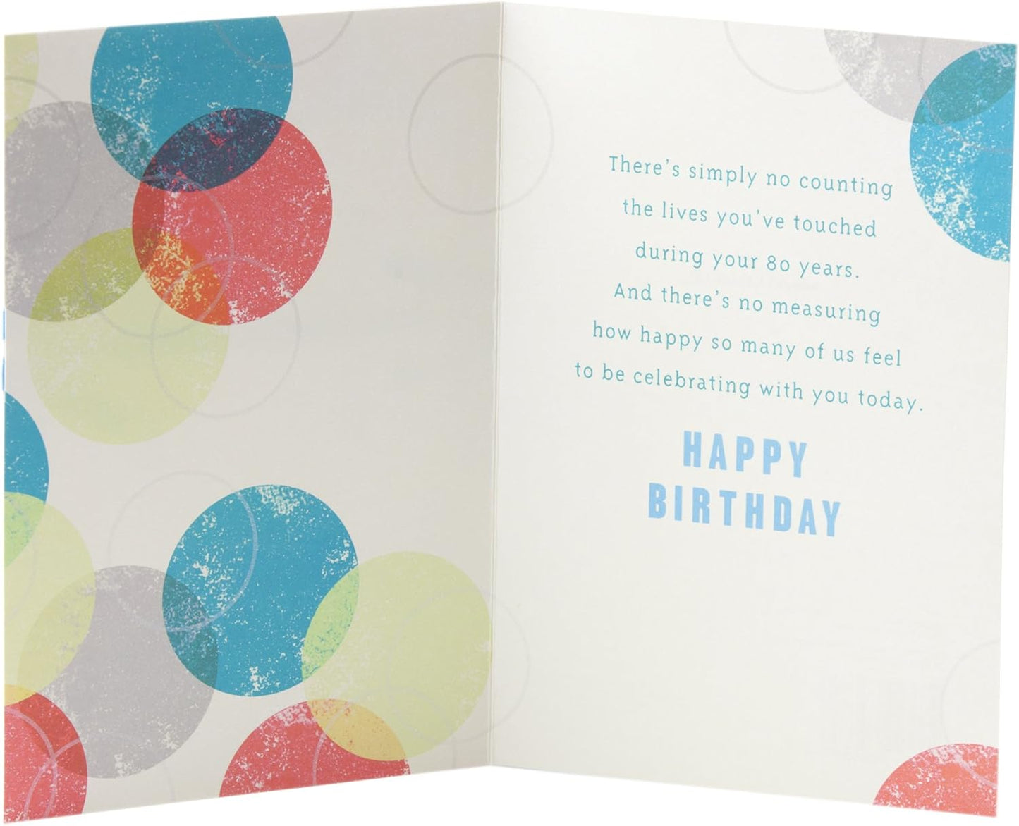 Hallmark 80th Birthday Greeting Card (Color Orbs) in open view, featuring colourful orbs and heartfelt birthday message.