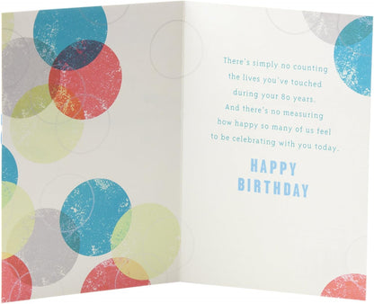 Hallmark 80th Birthday Greeting Card (Color Orbs) in open view, featuring colourful orbs and heartfelt birthday message.