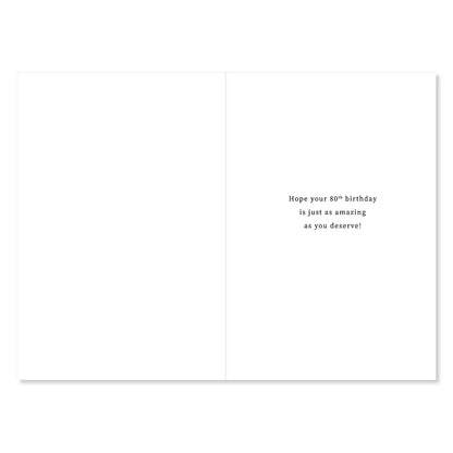 Hallmark 80th Birthday Card - Reasons To Celebrate, inside view with greeting message, elegant typography on white background.