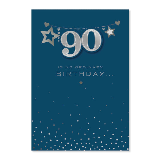Connections from Hallmark 90th Birthday Card - 90 IS NO ORDINARY BIRTHDAY… features silver detailing on a navy background.