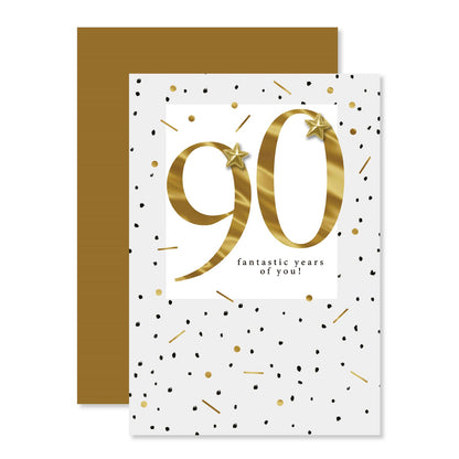 Connections from Hallmark 90th Birthday Card - 90 fantastic years of you! featuring gold foil text and confetti design.
