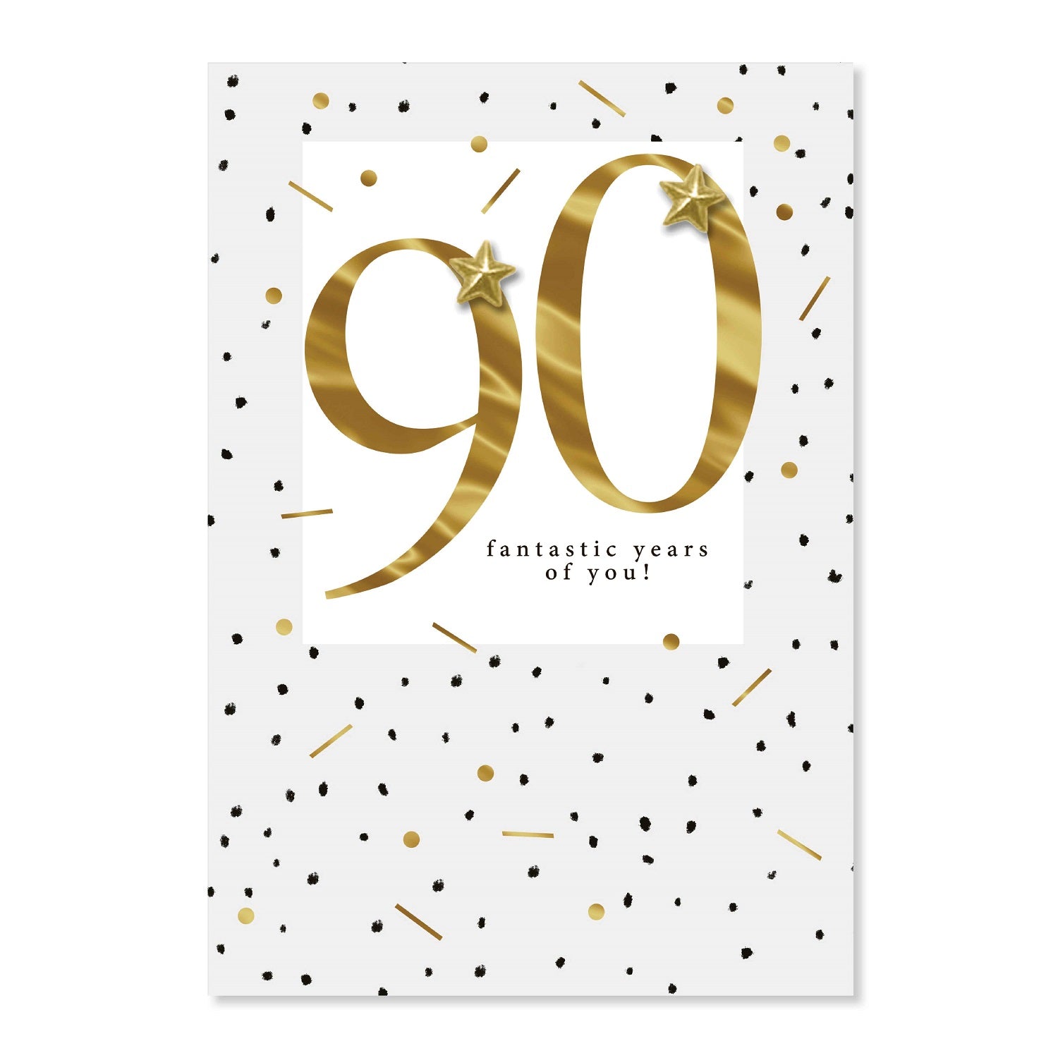 Connections from Hallmark 90th Birthday Card - 90 fantastic years of you! with gold foil detailing and black confetti pattern.