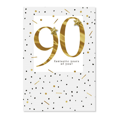 Connections from Hallmark 90th Birthday Card - 90 fantastic years of you! with gold foil detailing and black confetti pattern.