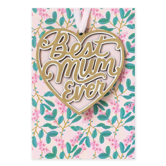 Hallmark Signature Mother's Day Card - Best Mum Ever with removable gold heart ornament and floral design, flat lay view.