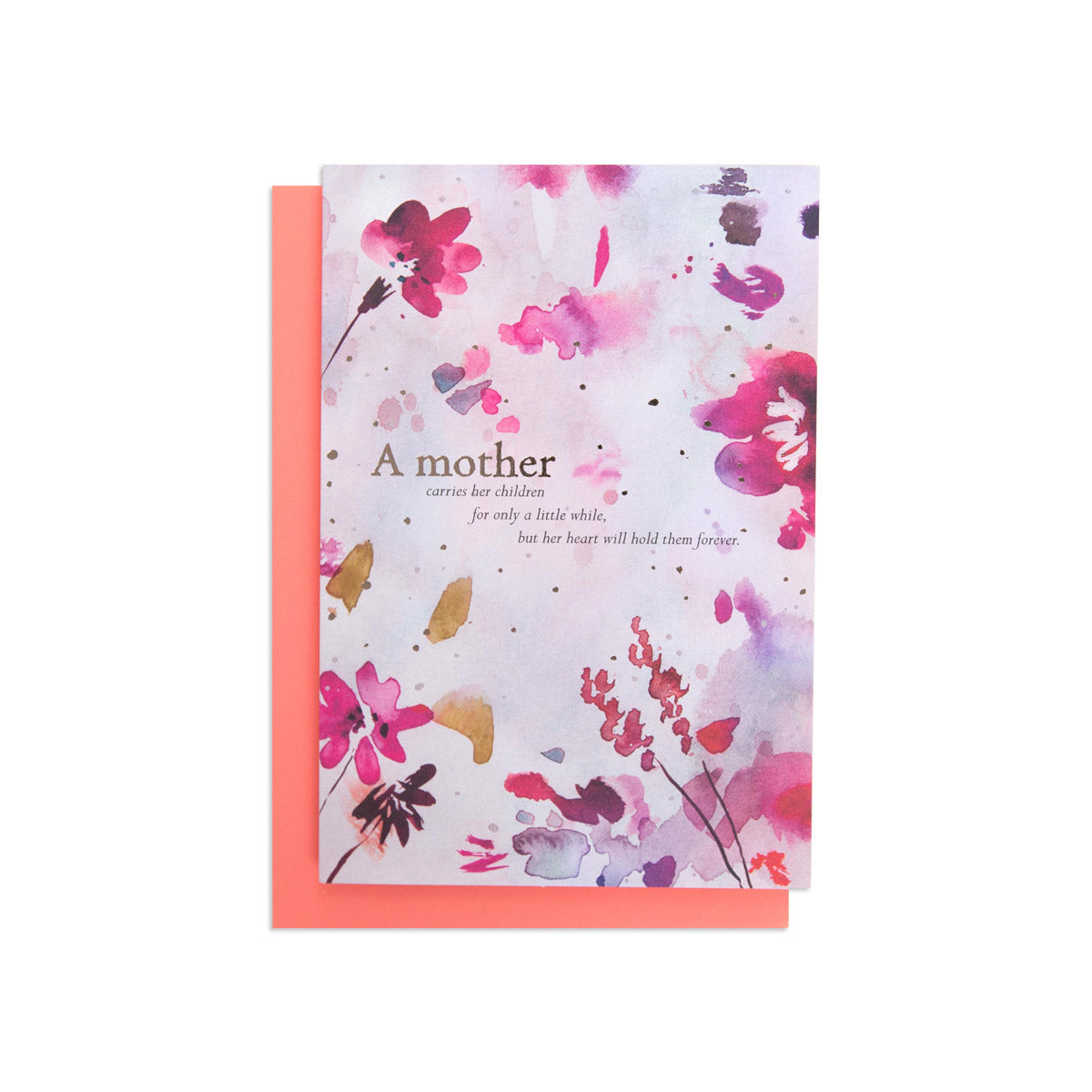 Hallmark Mother's Day Card - Watercolour floral with pink envelope featuring gold foil and vibrant floral design in a flat lay view.