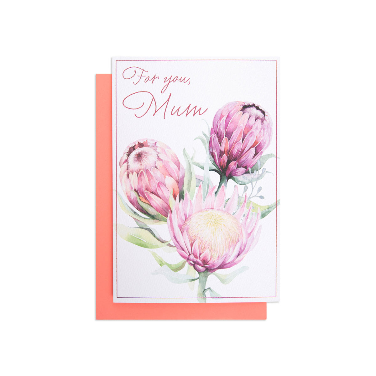 Hallmark Mother's Day Card - Protea Floral, textured stock, pink floral design with message, flat lay view