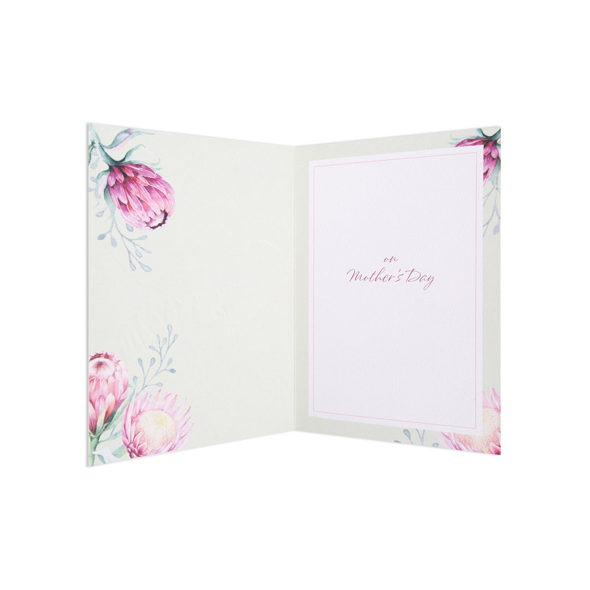 Hallmark Mother's Day Card - Protea Floral, interior view with watercolour floral design and greeting text.