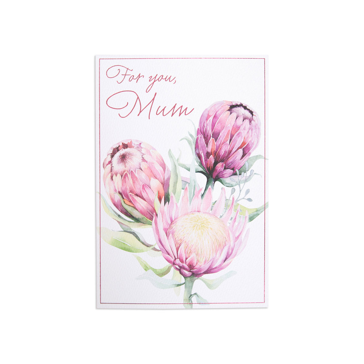 Hallmark Mother's Day Card - Protea Floral featuring a watercolour design of pink protea flowers and the message 'For you, Mum'.
