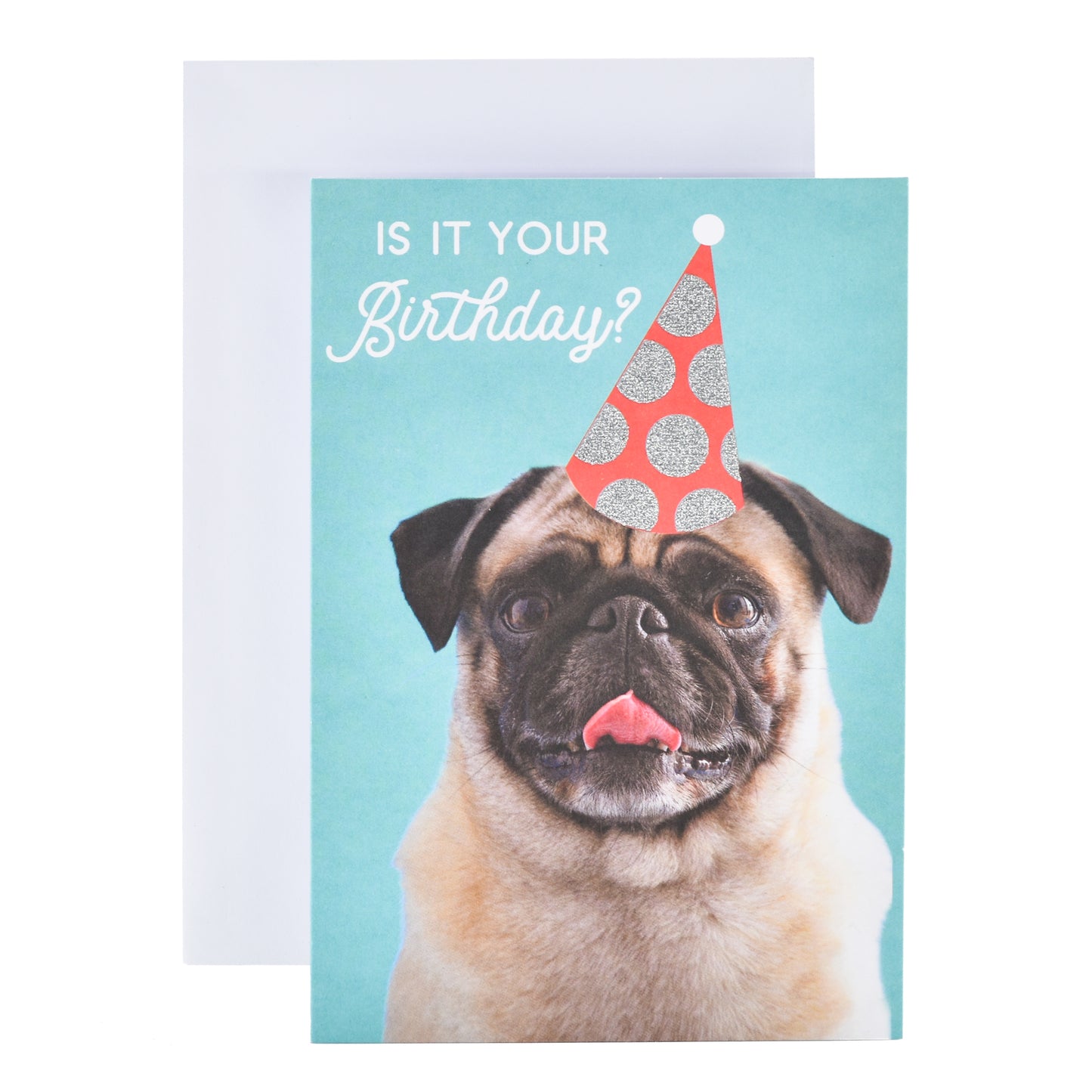 Wfp M Bday Pug Party Hat greeting card featuring a pug in a party hat, colourful design, and white envelope.