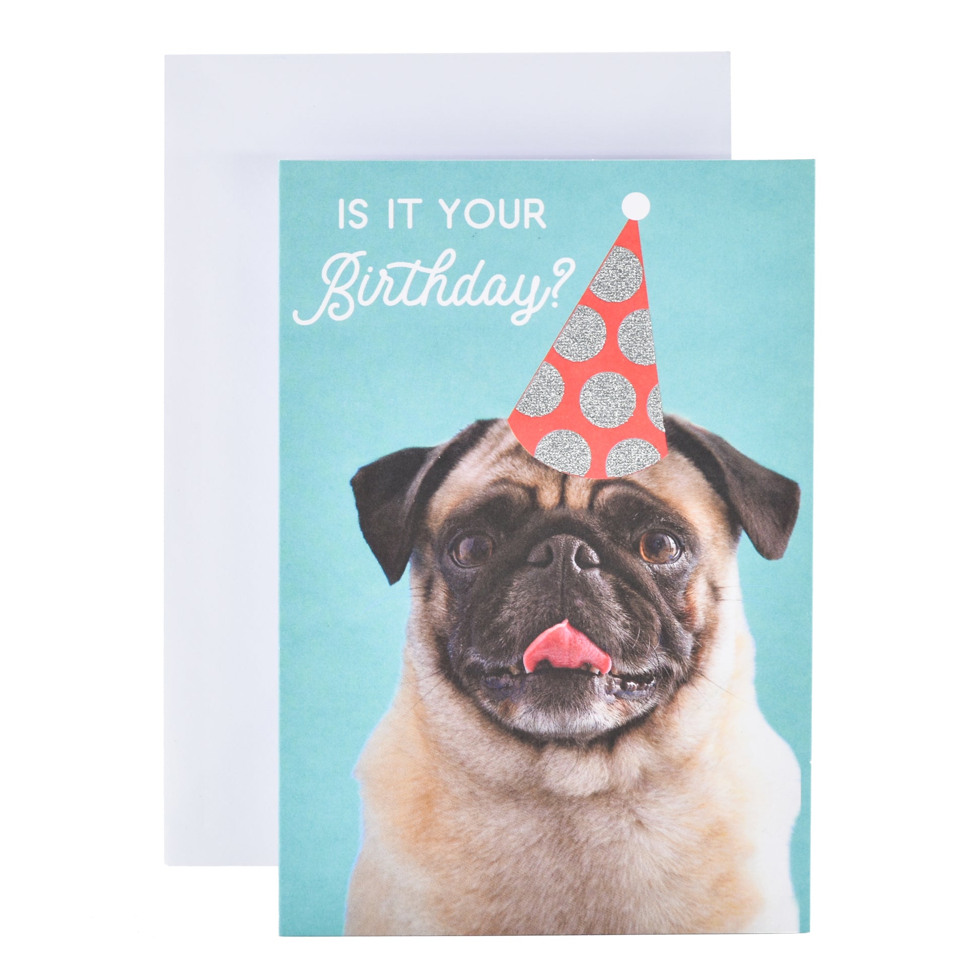 Wfp M Bday Pug Party Hat greeting card featuring a pug in a party hat, colourful design, and white envelope.