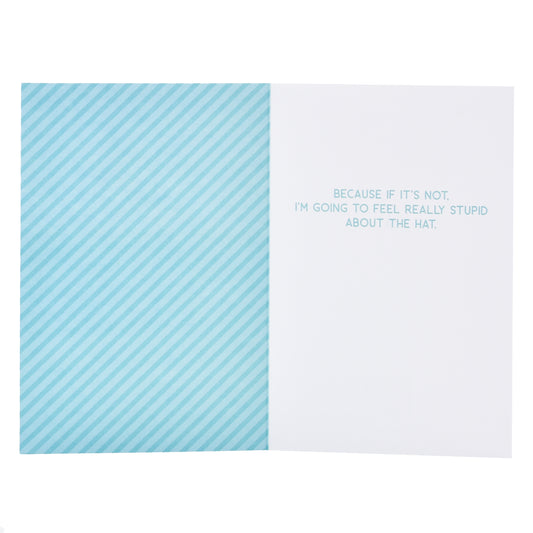Wfp M Bday Pug Party Hat, interior view, striped blue pattern, humorous message printed inside.