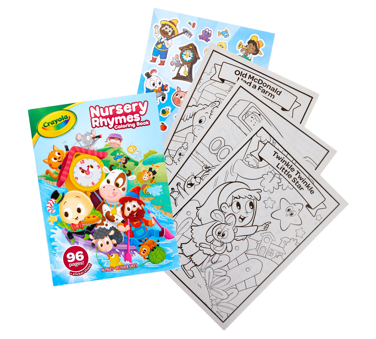 Crayola Nursery Rhymes coloring book with three coloring pages fanned out behind it on a white background.
