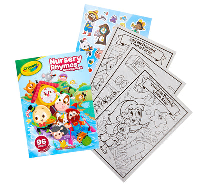 Crayola Nursery Rhymes coloring book with three coloring pages fanned out behind it on a white background.