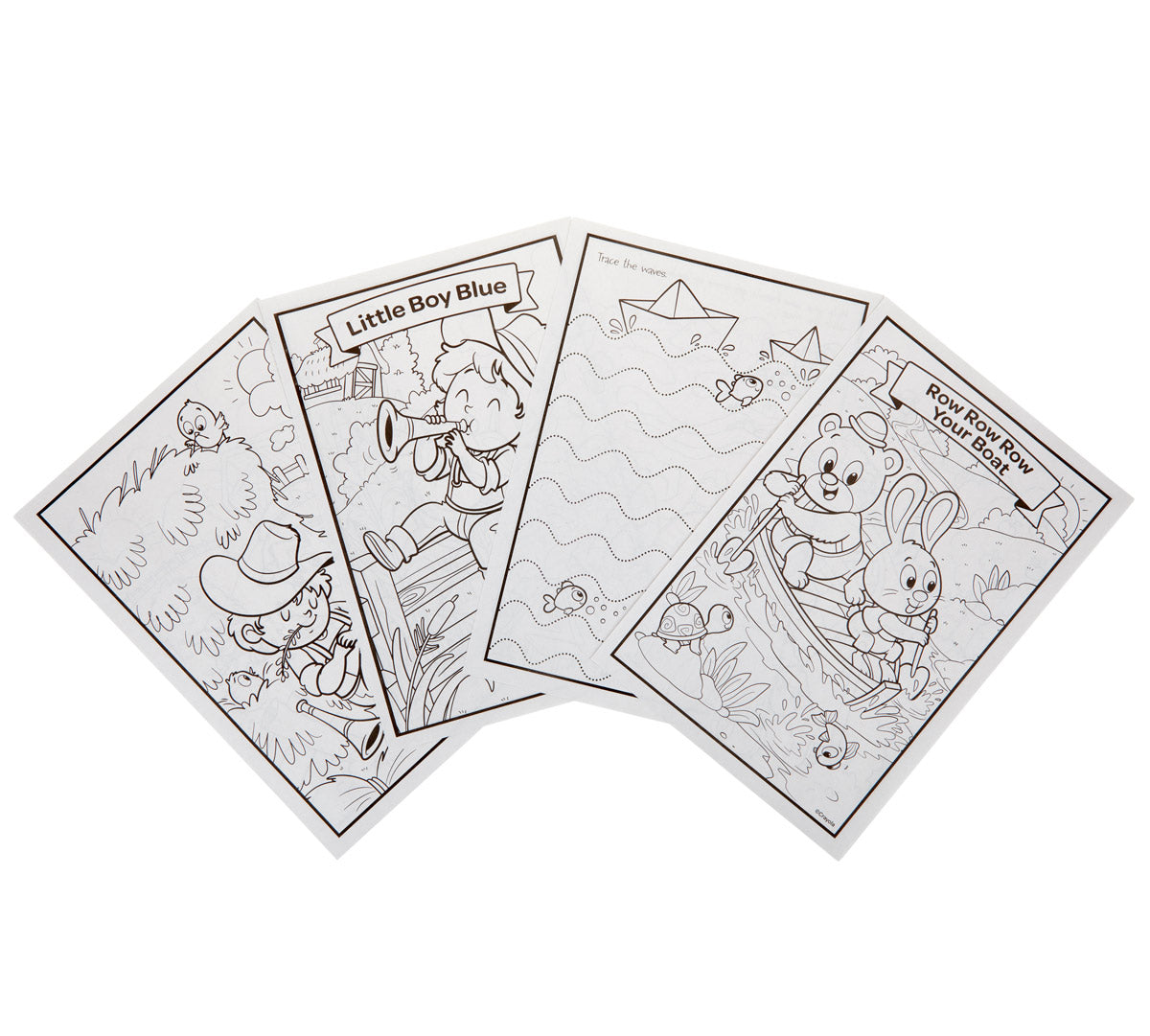 Four black and white cartoon coloring pages fanned out on a white background, featuring children and animals in outdoor scenes.