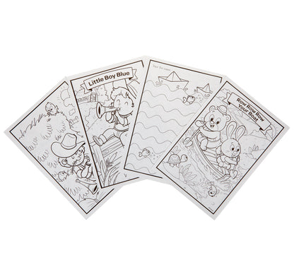 Four black and white cartoon coloring pages fanned out on a white background, featuring children and animals in outdoor scenes.