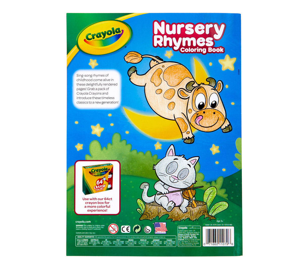 Front cover of a Crayola Nursery Rhymes Coloring Book, featuring colorful cartoon illustrations of a cow on a crescent moon and a cat playing a guitar against a blue starry night sky.