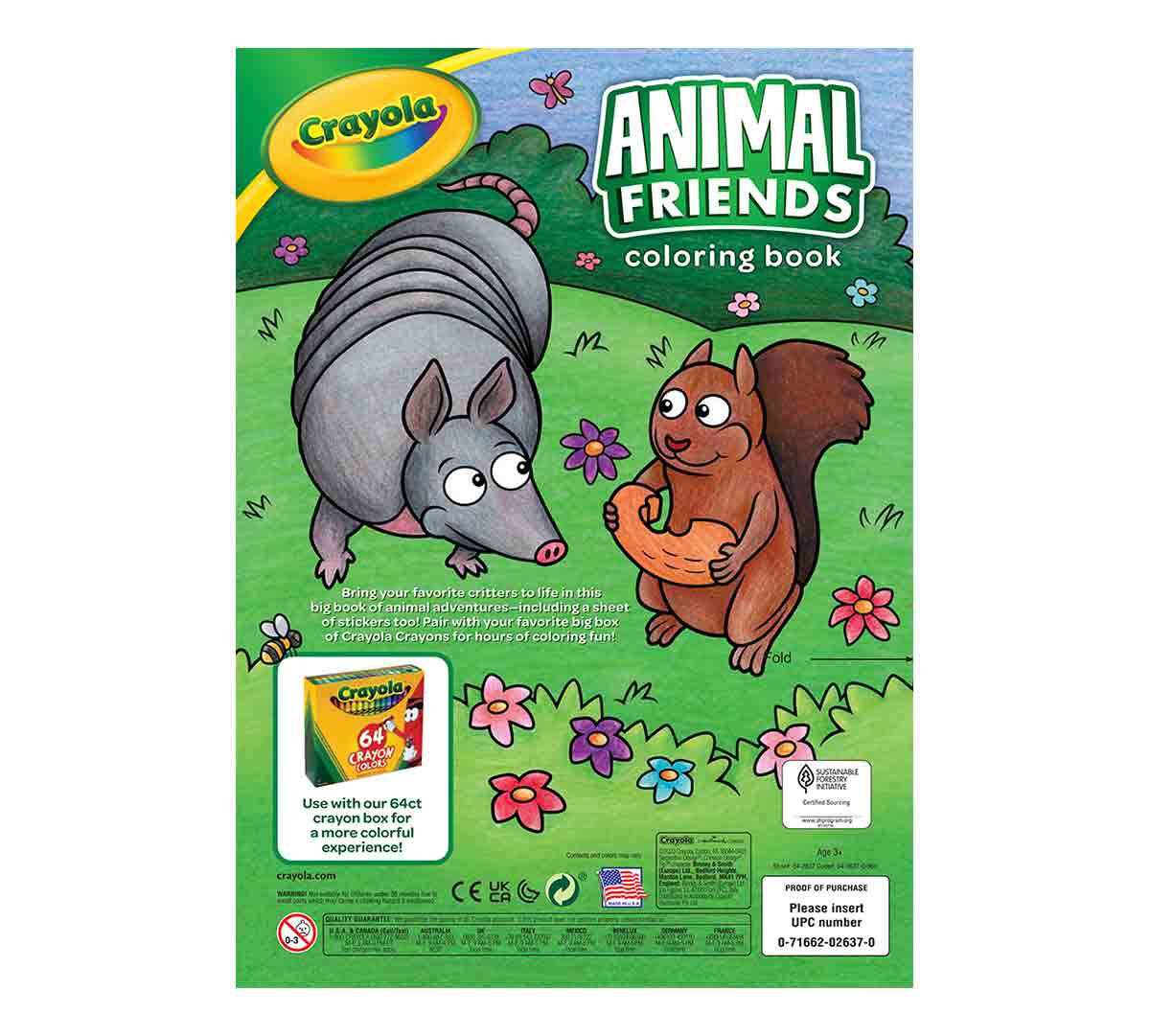 Front cover of a Crayola Animal Friends coloring book, featuring a cartoon aardvark and squirrel in a grassy field with flowers, on a green background.