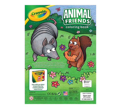 Front cover of a Crayola Animal Friends coloring book, featuring a cartoon aardvark and squirrel in a grassy field with flowers, on a green background.