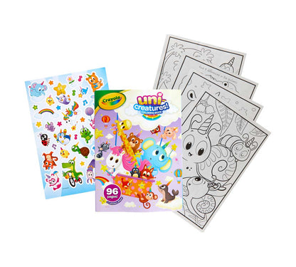 Crayola Uni Creatures coloring book with colorful cover art, a sheet of multicolor stickers, and several black-and-white coloring pages fanned out on a white background.