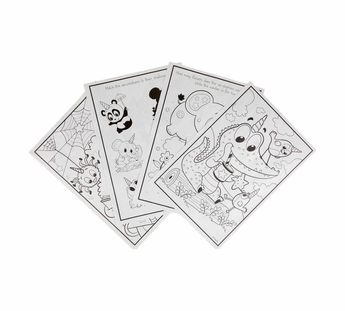 Four black and white printable coloring pages with cute cartoon illustrations, fanned out on a plain white background.