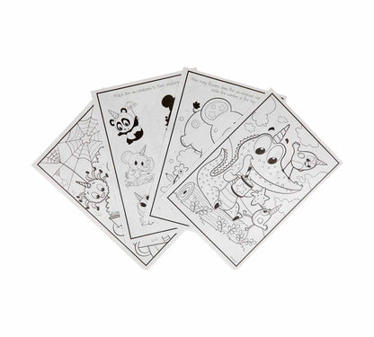 Four black and white printable coloring pages with cute cartoon illustrations, fanned out on a plain white background.
